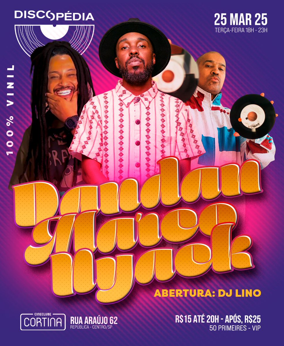 Discopédia (@_discopedia) on Twitter photo Amanhã, dia 25/03/2025, a partir das 18h tem mais uma edição da sensacional de São Paulo no Cineclube Cortina.
Discopédia orgulhosamente apresenta, pela primeira vez, o especial "Baile Charme"!
<a href="/DjDandansujo/">DJ DanDan</a>, <a href="/djmarco74/">Djmarco</a> & <a href="/djnyack/">Dj Nyack</a> no comando da pista.
Abertura, <a href="/linodidjei/">lino lago do amor</a>. Amanhã, dia 25/03/2025, a partir das 18h tem mais uma edição da sensacional de São Paulo no Cineclube Cortina.
Discopédia orgulhosamente apresenta, pela primeira vez, o especial "Baile Charme"!
<a href="/DjDandansujo/">DJ DanDan</a>, <a href="/djmarco74/">Djmarco</a> & <a href="/djnyack/">Dj Nyack</a> no comando da pista.
Abertura, <a href="/linodidjei/">lino lago do amor</a>.