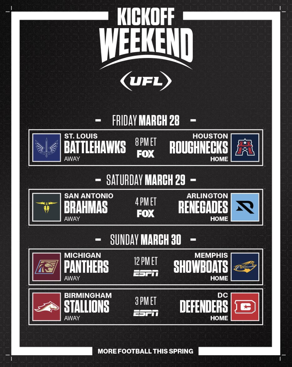 I’m pumped to kickoff <a href="/TheUFL/">United Football League</a>  season 2 THIS FRIDAY in HOUSTON, TEXAS - LIVE ON FOX!

And all Sunday’s games airing LIVE ON ESPN!

<a href="/XFLRoughnecks/">Houston Roughnecks</a> VS <a href="/XFLBattlehawks/">St. Louis Battlehawks</a> 

For me, the most gratifying aspect of our spring football league is simple - creating opportunities for players,