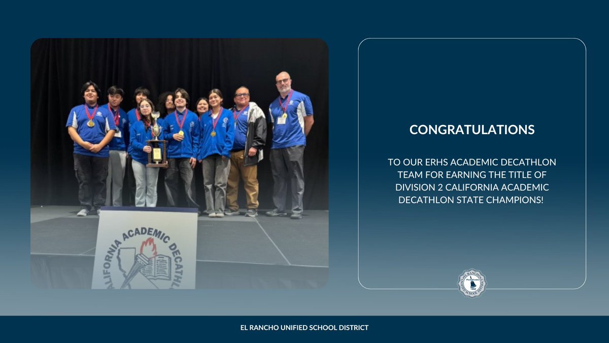 🎉🏅 State Champions! 🏅🎉 Congrats to our El Rancho Academic Decathlon Team for winning the Division 2 CA Academic Decathlon State Championship! 🏆📚 We’re so proud of your hard work! 💙🤍 #StateChamps #AcademicDecathlon #BluePride #ERUSDExcellence #ScholarsAndChampions