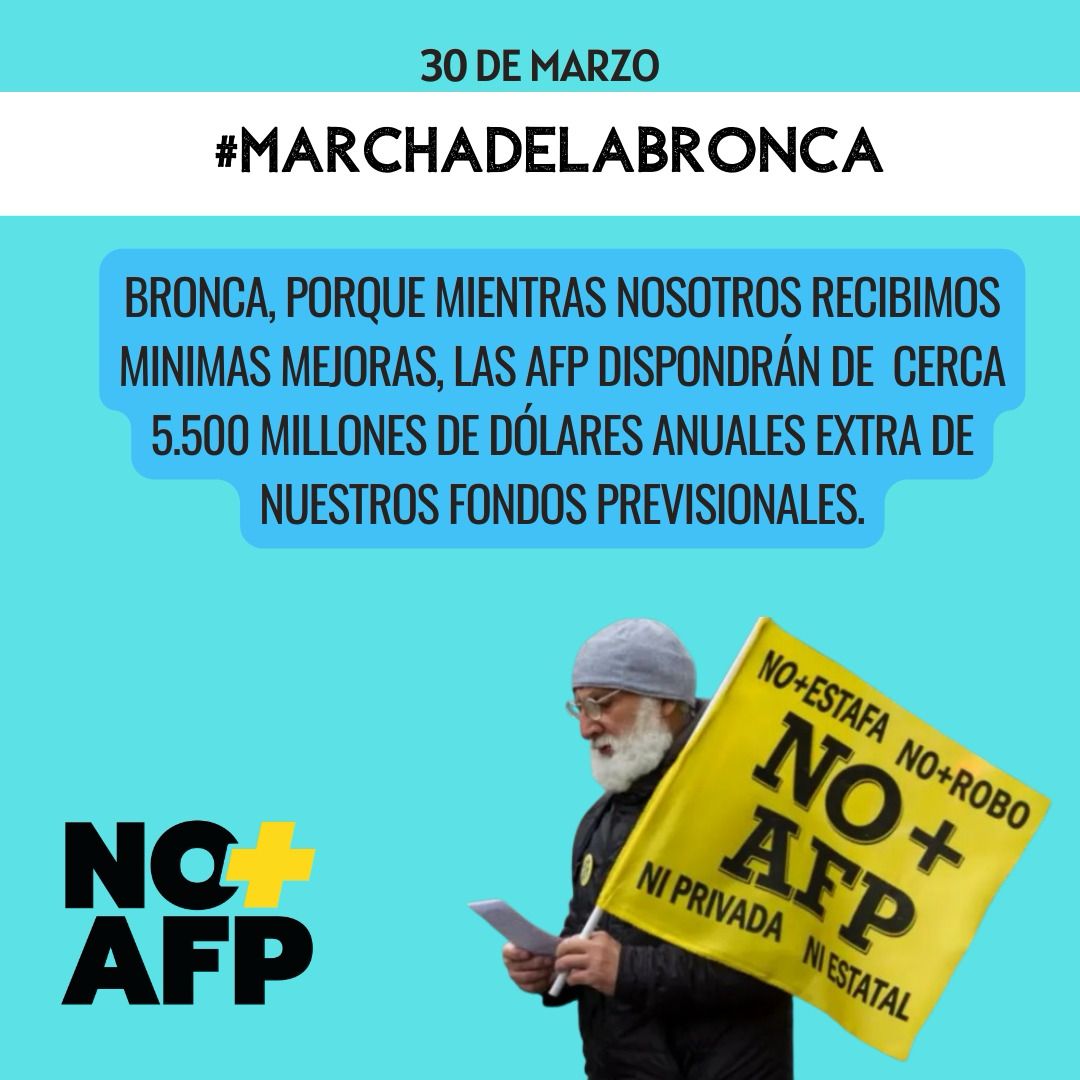 ¡NO MÁS AFP! ¡Marcha de la Bronca!   ¡Basta de abusos! No más lucro con nuestras pensiones, con la salud, la vivienda y la educación.  📢 Súmate  a la Marcha de la Bronca NO+AFP.  Pentagono (2 sur 8 oriente) Talca  #NoMasAFP #MarchaDeLaBronca #NOmasAFP