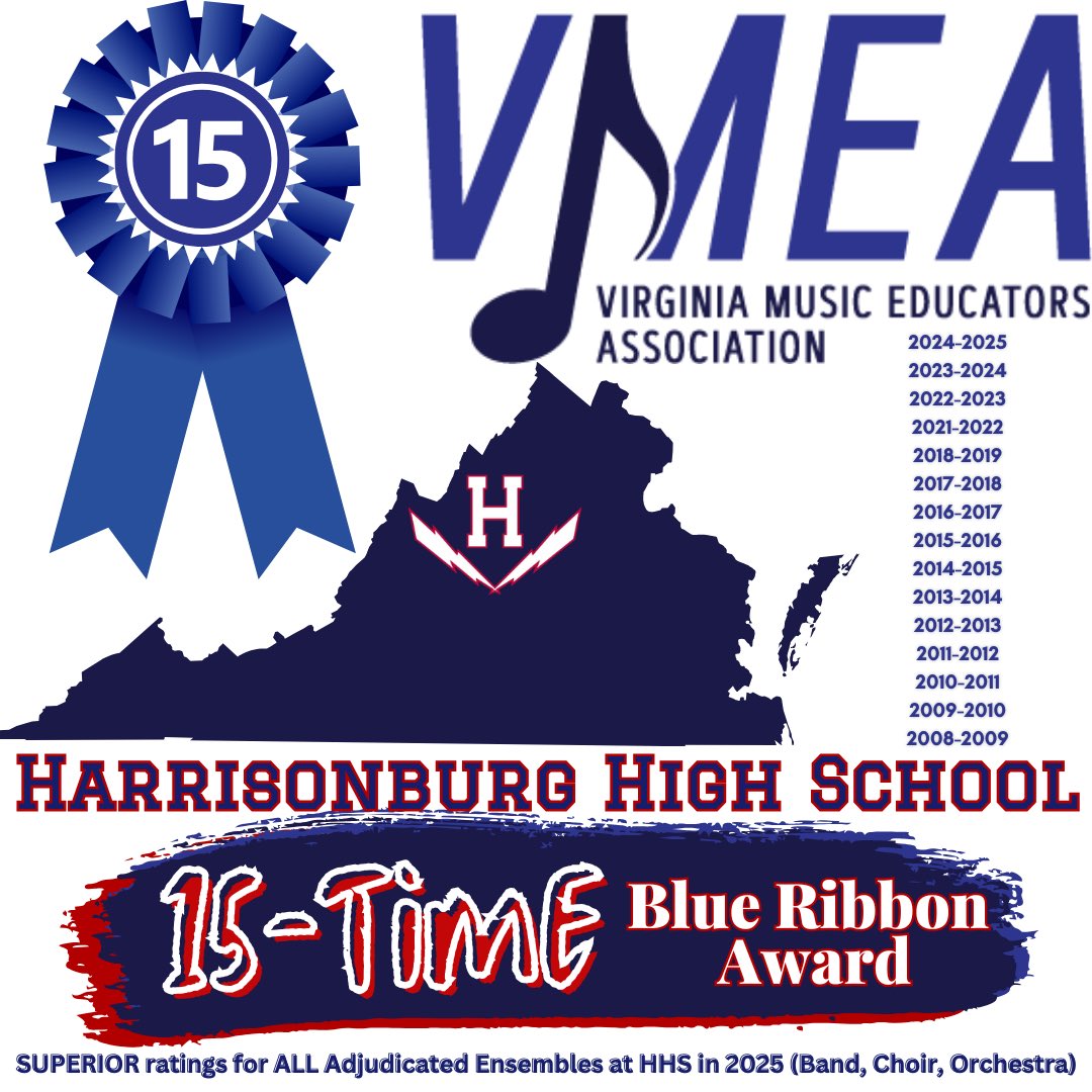 For the 15th time (every eligible year since 2008-2009) <a href="/HarrisonburgHS/">Harrisonburg HS</a> is a VMEA Blue Ribbon Award winner! Congrats to Symphonic Band, Chamber Orchestra &amp; Chamber Choir for their SUPERIOR performances at their respective assessments! <a href="/_MelissaHensley/">Dr. Melissa D Hensley, EdD</a> <a href="/HCPSNews/">Harrisonburg City Public Schools</a>