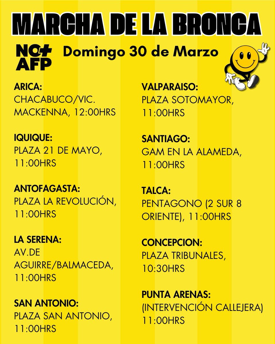 ¡NO MÁS AFP! ¡Marcha de la Bronca!   ¡Basta de abusos! No más lucro con nuestras pensiones, con la salud, la vivienda y la educación.  📢 Súmate  a la Marcha de la Bronca NO+AFP.  Pentagono (2 sur 8 oriente) Talca  #NoMasAFP #MarchaDeLaBronca #NOmasAFP