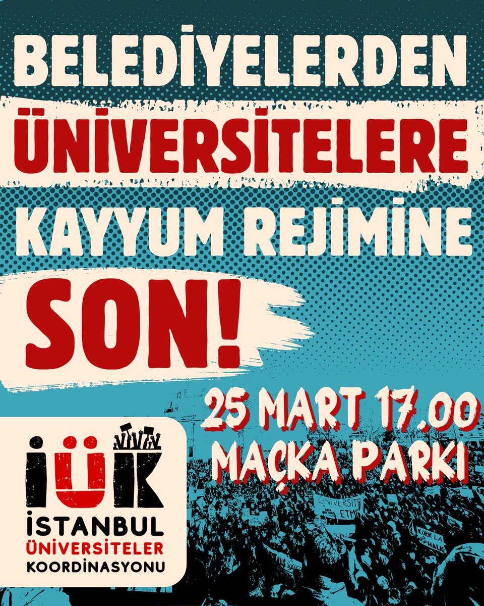 BELEDİYELERDEN ÜNİVERSİTELERE KAYYUM REJİMİNE SON! 
Tek adam rejiminin dört bir yandan biz gençleri kuşattığı antidemokratik uygulamalarına, gözaltılara, tutuklamalara, baskılara ve yasaklara karşı İstanbul'daki üniversiteler olarak bir araya geliyoruz!