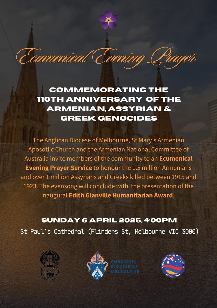 📌LATEST! Anglican Diocese of Melbourne to Host Armenian Genocide Evensong and Accept Inaugural Edith Glanville Humanitarian Award

READ MORE AT: anc.org.au/news/Media-Rel…