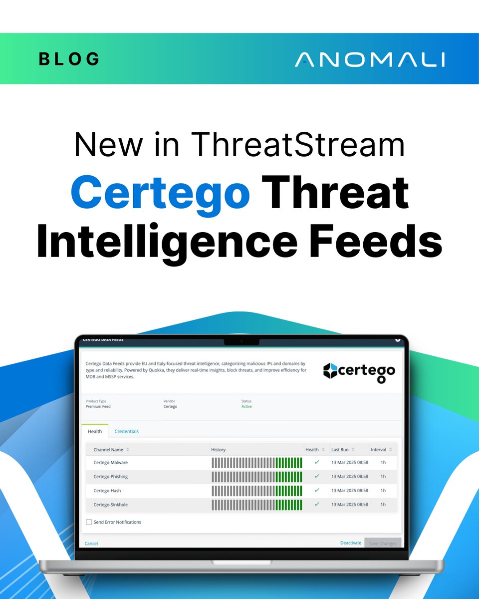 🚨 When it comes to cyber threats, the right intelligence makes all the difference—that’s why Certego’s latest threat intelligence feeds are now available in Anomali ThreatStream 🔗 ow.ly/kaA550VnGxn

#Cybersecurity #ThreatIntelligence #Anomali #BeDifferent #BeTheAnomali