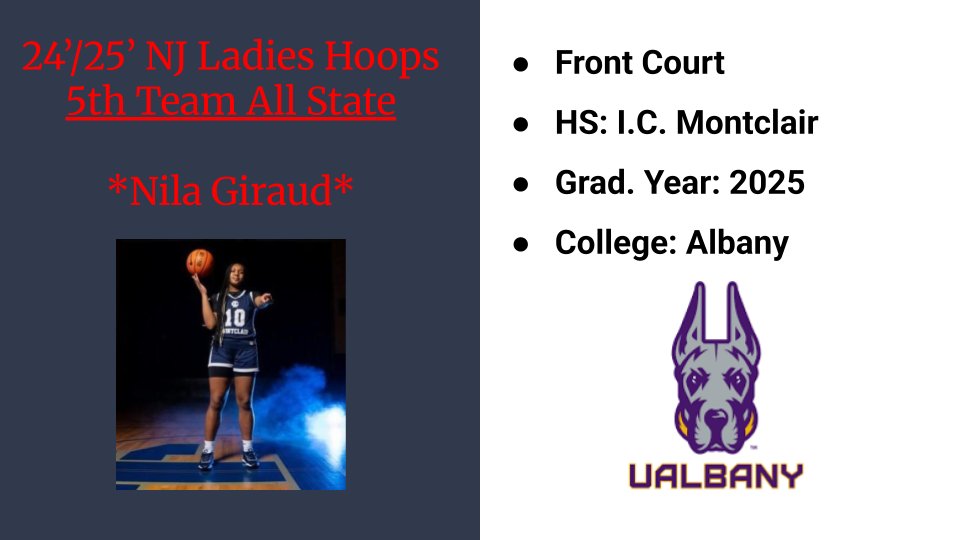 CONGRATS to  <a href="/NJLadiesHoops/">NJ Ladies Hoops</a>
ALL STATE selectee for the 24/'25 season :

5th Team  (Front Court) NILA GIRAUD - '25 :

<a href="/nila_giraud1/">Nila🩷</a> of <a href="/ichsgbb/">Immaculate Conception GBB</a> (Immaculate Conception Montclair) for Coach <a href="/CoachJKreie/">Jimmy Kreie</a>   

@ichsmontclair <a href="/CoachTYwhs/">Coach Ty</a> <a href="/JayahCurtis/">Jayah Curtis</a> @camille_wiley23 @kanisha1991