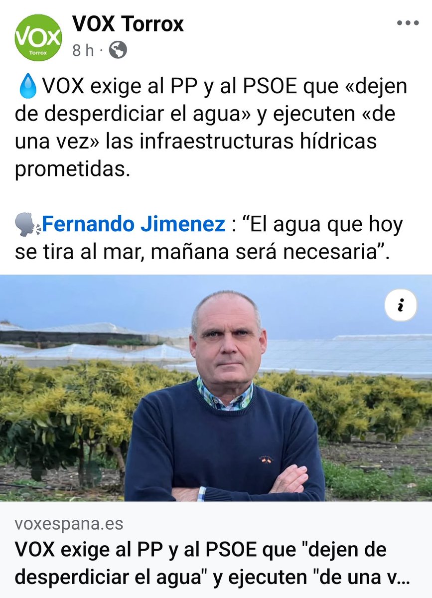 💧VOX exige al PP y al PSOE que «dejen de desperdiciar el agua» y ejecuten «de una vez» las infraestructuras hídricas prometidas.

🗣️Fernando Jimenez : “El agua que hoy se tira al mar, mañana será necesaria”.
  voxespana.es/noticias/vox-e…

#Torrox