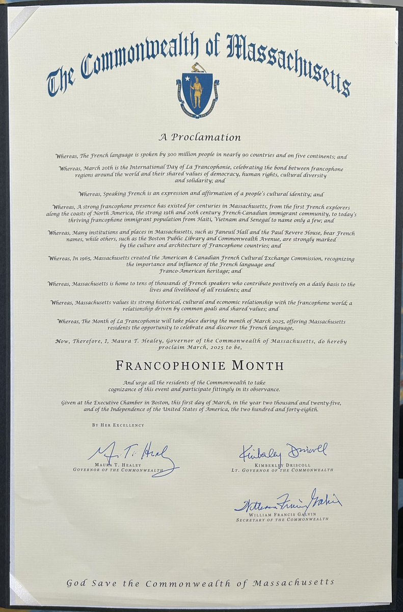 Aujourd’hui, la Gouverneure <a href="/maura_healey/">Maura Healey</a> a proclamé le mois de mars 2025, "mois de la #Francophonie" dans le Massachusetts ! 🤩  

Merci à toutes celles et ceux qui œuvrent pour faire rayonner la culture et la langue française dans cet Etat ! 😊