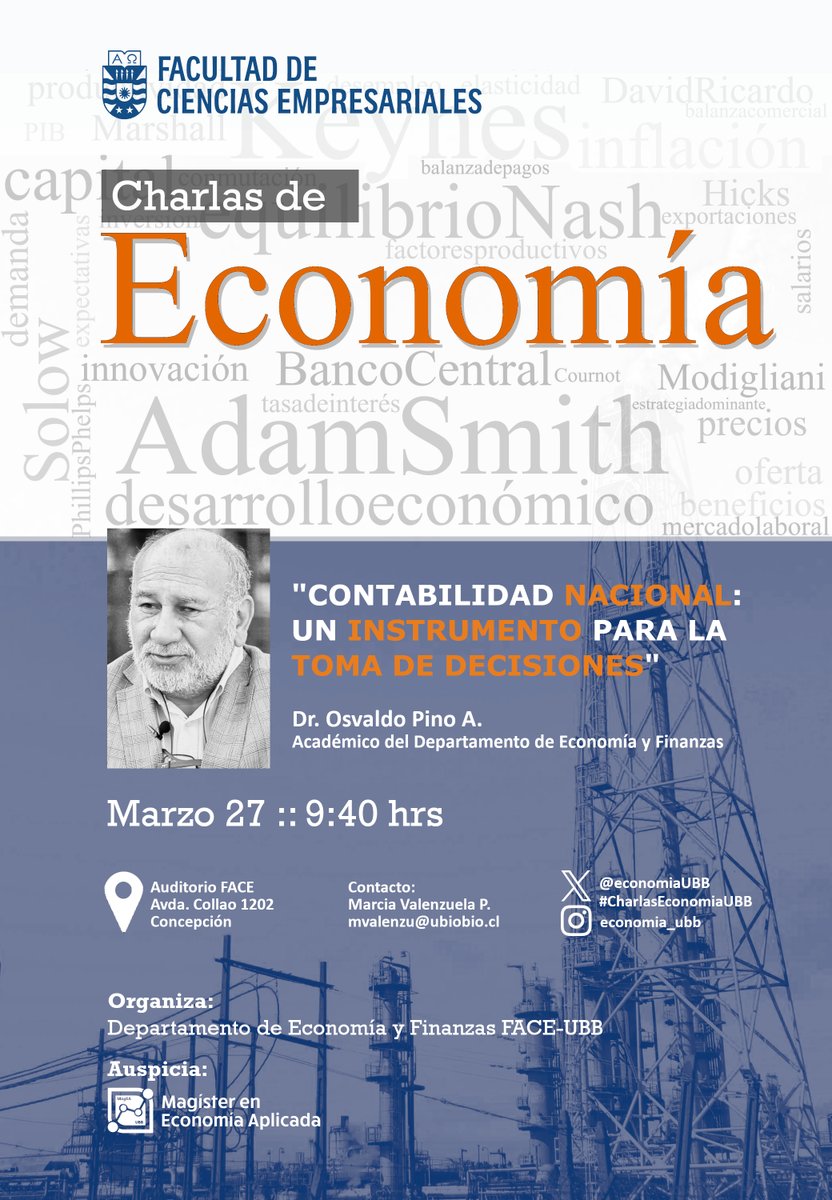 Este jueves 27 de marzo iniciamos nuestro Ciclo 2025 de "Charlas de Economía" con nuestro colega Dr. Osvaldo Pino, quien presentará la temática "Contabilidad Nacional: Un instrumento para la toma de decisiones".

📌 9:40 hrs., Auditorio FACE, Avda. Collao 1202, Concepción.