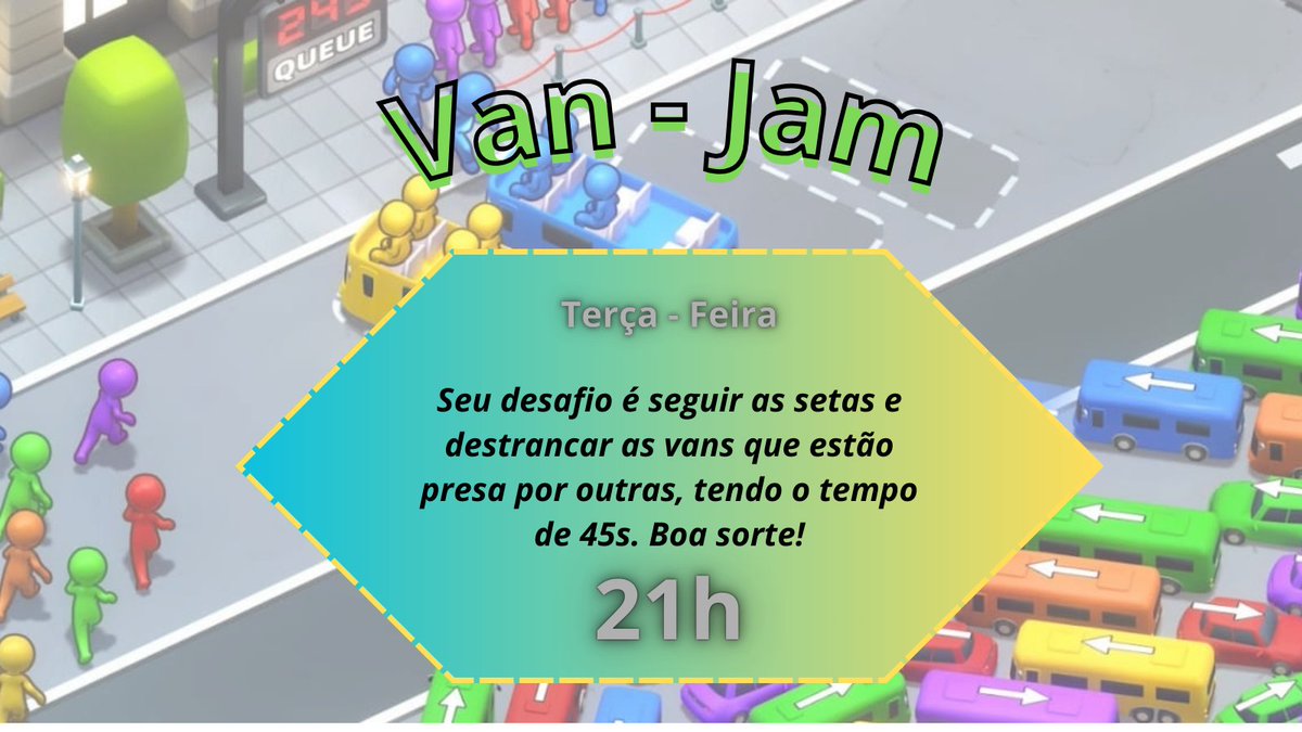 💡¦ VAN - JAM

Preparem-se para essa atividade e se desafie a resolver o problema seguindo as setas para destrancar nossas vans!

Amanhã as 21h br.

acesze: ironhotel.org