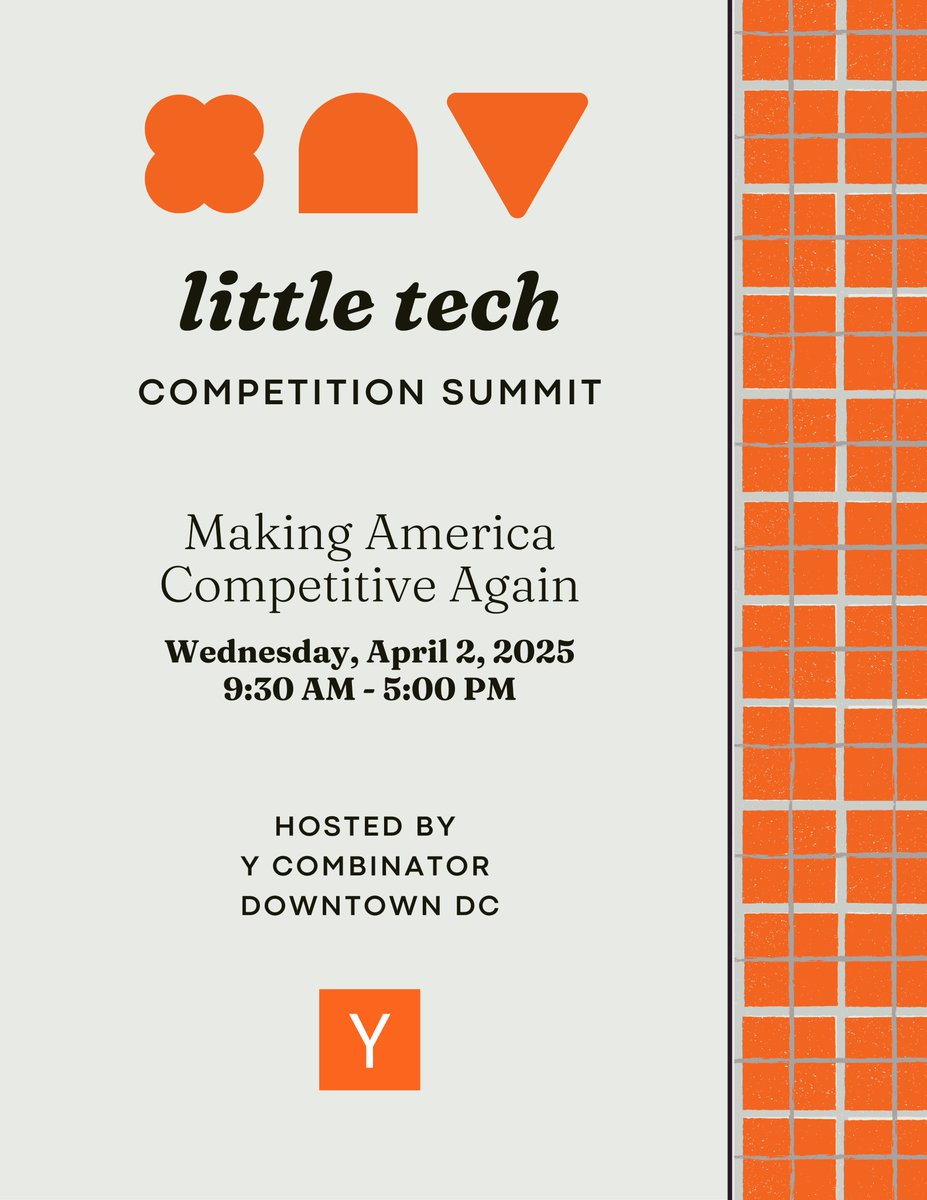 NEXT WEEK: @YCombinator hosts the Little Tech Competition Summit in Washington, D.C.

Confirmed speakers: 
- Chair Andrew Ferguson, FTC
- EVP Teresa Ribera, European Commission
- AAG Abigail Slater, Antitrust Division, DOJ

Many more to be announced.