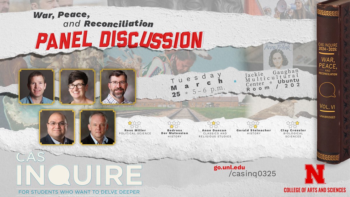 unlcas's tweet photo. Join us tomorrow at 5pm for a discussion with Ross Miller, Anne Duncan, Clay Cressler, Bedross Der Matossian, and Gerald Steinacher about "War, Peace, and Reconciliation".

https://t.co/DwSa7w7NdV

@unlhistory @unl_clrs @unlpolisci @unlsbs @bedrossdm https://t.co/GFPGQQtUKG