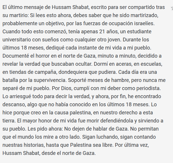 yala_nafarroa's tweet photo. El último mensaje del jovencísimo periodista palestino y gazatí Hussam Shabat, escrito para ser compartido en caso de ser asesinado: https://t.co/euHnjlKhAX
