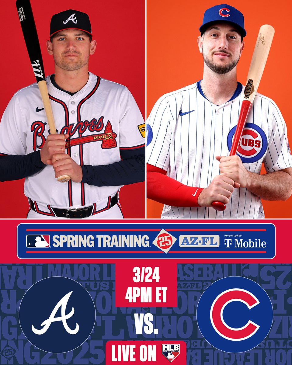 MLBNetwork's tweet image. #SpringTraining action coming up next!

⚾️ @Braves vs @Cubs
🕰️ 4pm ET/3pm CT
📺 MLB Network + @bestwestern