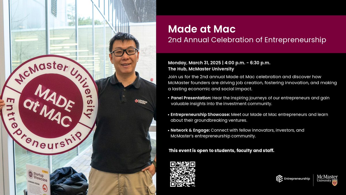 McMaster Research (@mcmasteresearch) on Twitter photo 🚀 Join us at Made at Mac on March 31st to connect with and celebrate <a href="/McMasterU/">McMaster University</a>'s entrepreneurship community!
Discover how Mac founders are driving job creation, fostering innovation, and making a lasting economic and social impact.
Register here: forms.office.com/r/nnpgnxek4n 🚀 Join us at Made at Mac on March 31st to connect with and celebrate <a href="/McMasterU/">McMaster University</a>'s entrepreneurship community!
Discover how Mac founders are driving job creation, fostering innovation, and making a lasting economic and social impact.
Register here: forms.office.com/r/nnpgnxek4n