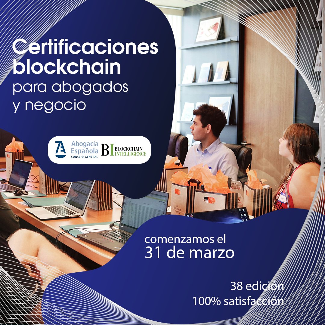 La 38 edición de los cursos de certificación de #blockchain comienza hoy por la tarde.

Somos certificados por <a href="/Abogacia_es/">Abogacía Española</a> y <a href="/FelabanOnline/">FELABAN</a> y recomendados por <a href="/Alastria_/">Alastria Blockchain Ecosystem</a>.

Más información: blockchainintelligence.es