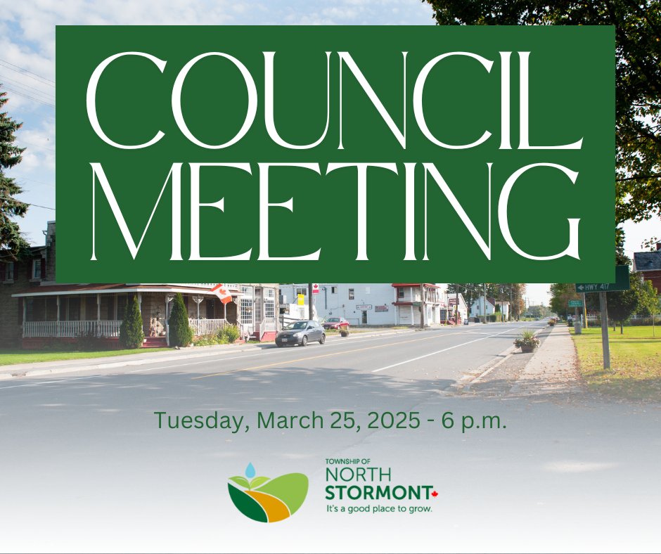 COUNCIL MEETING: North Stormont township council will meet for its next regular session Tuesday, March 25, beginning at 6 p.m.

You can watch the meeting live on YouTube. Visit our channel at youtube.com/@TownshipofNor…
