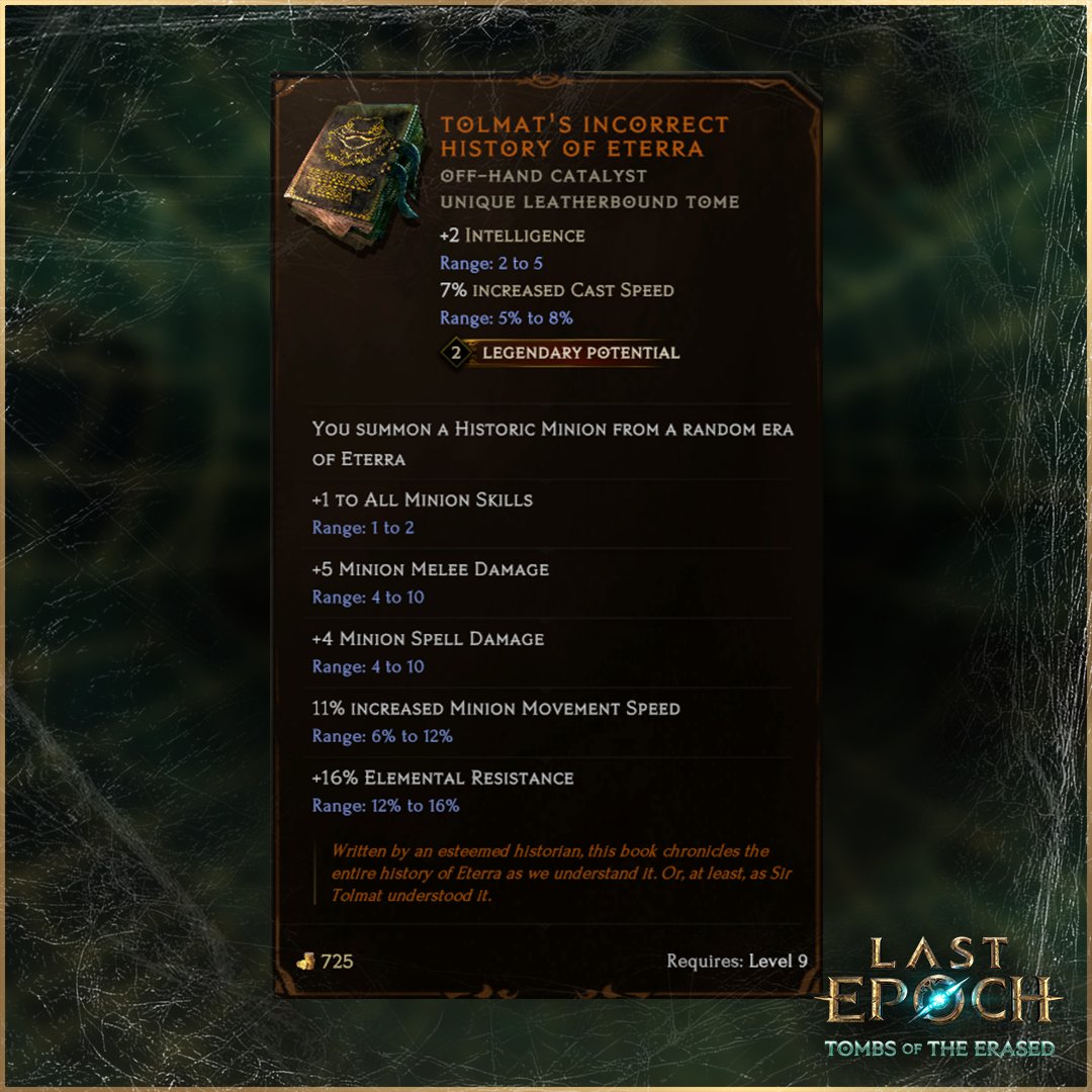 Tolmat's Incorrect History of Eterra is one of the many new uniques coming to Last Epoch when Season 2: Tombs of the Erased launches on April 17th, 2025.