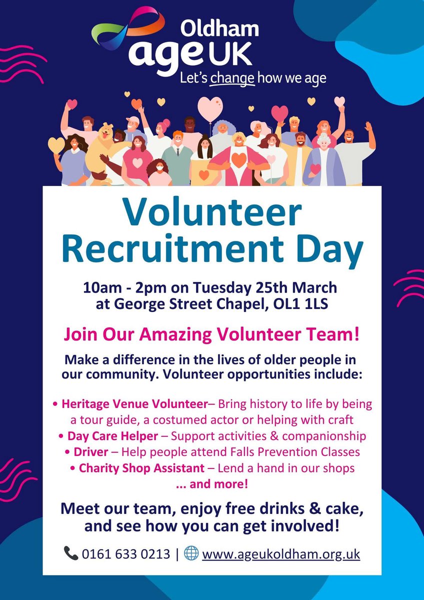 Age UK Oldham (@ageukoldham) on Twitter photo We look forward to seeing prospective volunteers at <a href="/GeorgeStChapel/">George Street Chapel</a> tomorrow.
We have so many different roles to choose from 🙌🏼🙌🏼 #volunteer #oldham #volunteerwork #joinourteam We look forward to seeing prospective volunteers at <a href="/GeorgeStChapel/">George Street Chapel</a> tomorrow.
We have so many different roles to choose from 🙌🏼🙌🏼 #volunteer #oldham #volunteerwork #joinourteam