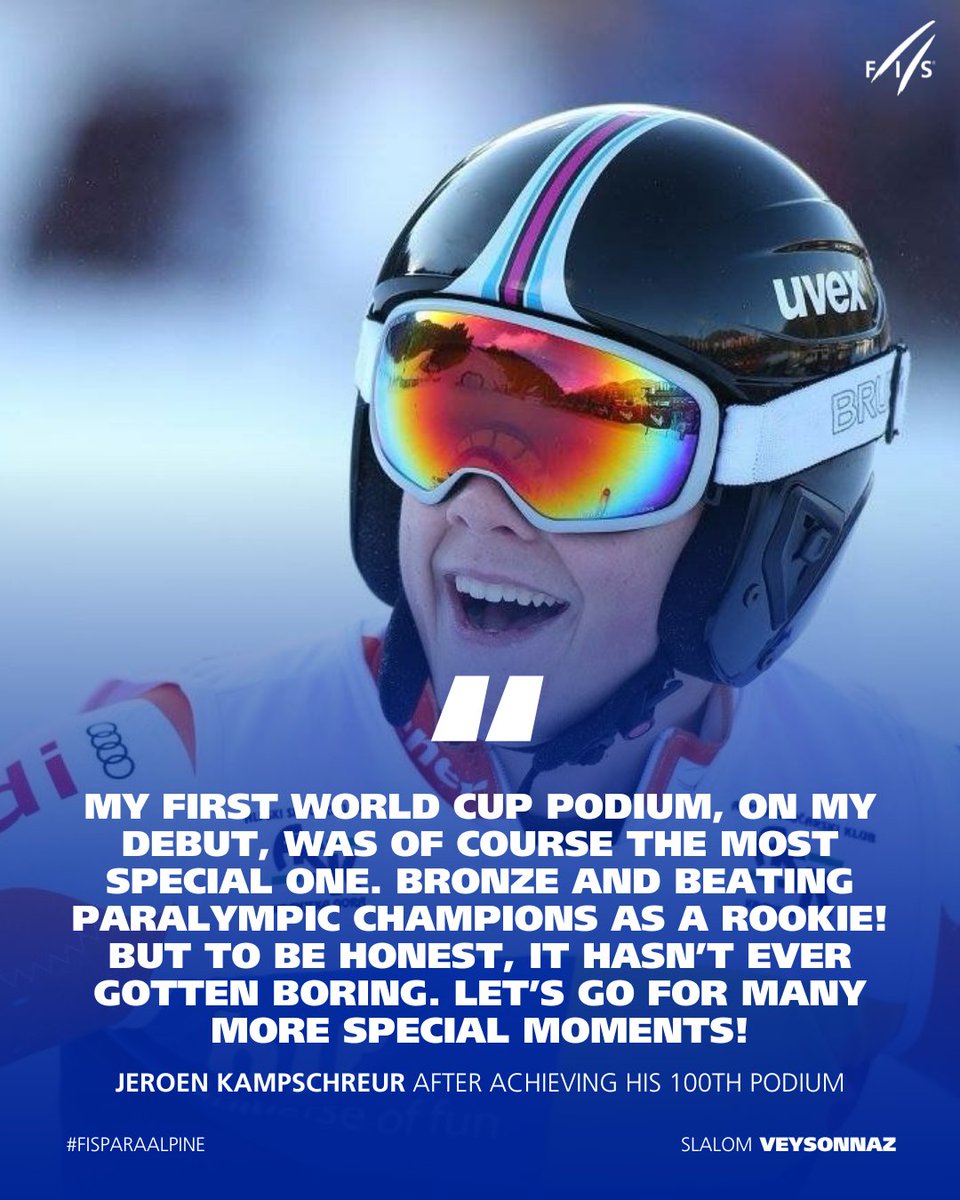From his very first World Cup race—and first podium—on 15 January 2016 in Kranjska Gora, to his 💯th podium today in Veysonnaz... what a milestone, Jeroen! 🤯
"In my 10th season, having 100 World Cup podiums is such a crazy statistic! And I'm still not done yet."
#FISParaAlpine
