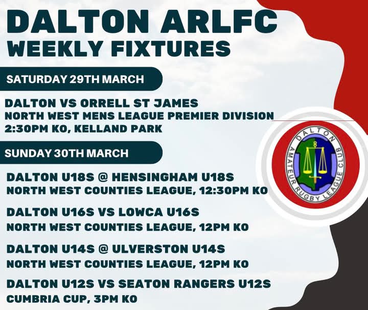 Dalton ARLFC (@daltonrugby) on Twitter photo This weeks action ๐๐๐๐ดโซ๏ธ
<a href="/OSJARLFC/">Orrell St James ARLFC</a> <a href="/hensingham_arl/">Hensingham ARL</a> <a href="/SeatonRangersRL/">SeatonRangers ARLFC</a> <a href="/UlverstonRL/">UlverstonRL</a>
<a href="/bbccumbriasport/">BBC Sport Cumbria</a> <a href="/BarrowandDis_RL/">Barrow and District RL</a> <a href="/13proamrl/">13 Pro-Am Community RL</a>
<a href="/NWYouthRL/">NW Youth RL 16-18</a> This weeks action ๐๐๐๐ดโซ๏ธ
<a href="/OSJARLFC/">Orrell St James ARLFC</a> <a href="/hensingham_arl/">Hensingham ARL</a> <a href="/SeatonRangersRL/">SeatonRangers ARLFC</a> <a href="/UlverstonRL/">UlverstonRL</a>
<a href="/bbccumbriasport/">BBC Sport Cumbria</a> <a href="/BarrowandDis_RL/">Barrow and District RL</a> <a href="/13proamrl/">13 Pro-Am Community RL</a>
<a href="/NWYouthRL/">NW Youth RL 16-18</a>