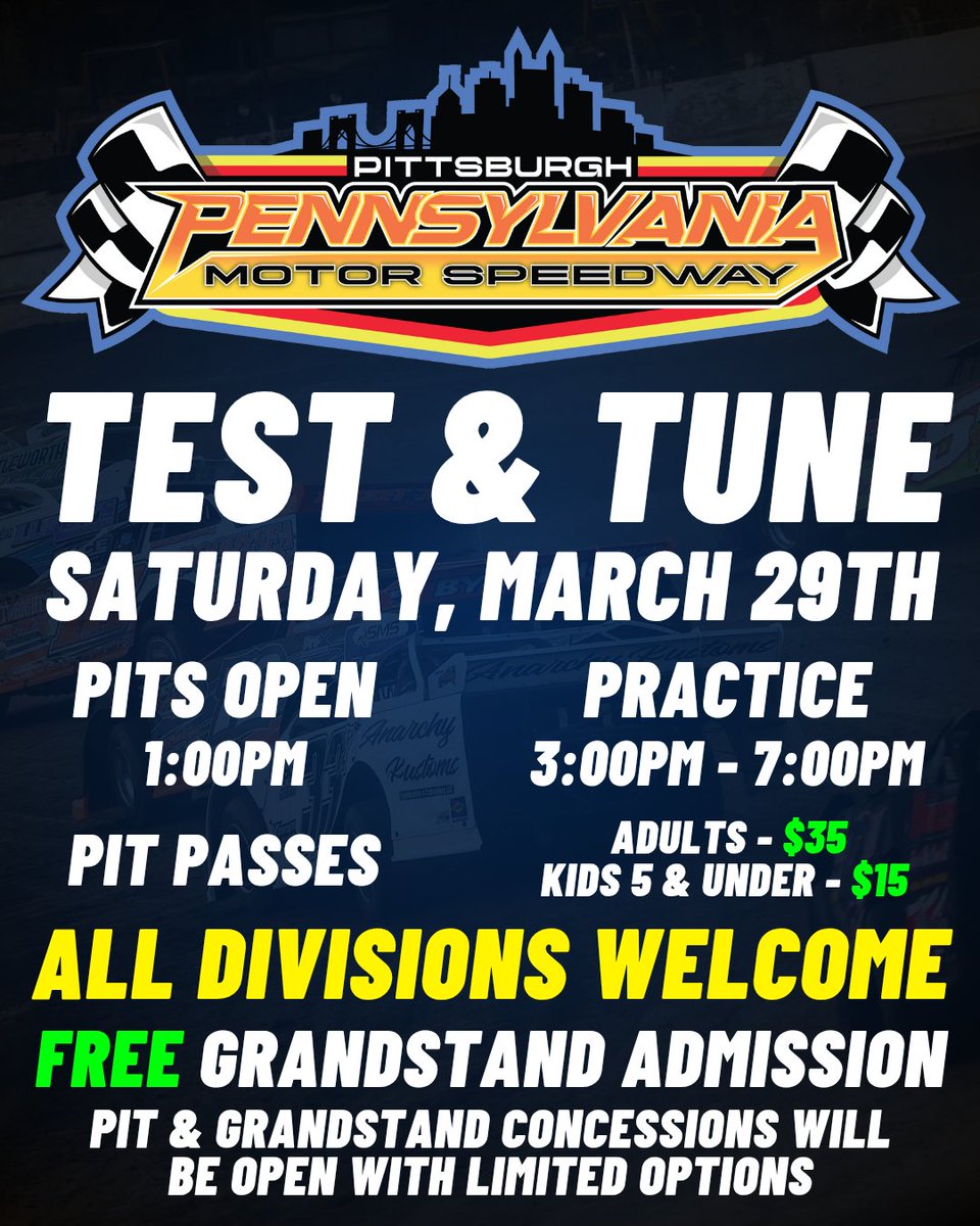 We're planning to host our final Test &amp; Tune of the pre-season this Saturday, March 29th, from 3PM until 7PM! Drivers from all divisions are welcome to participate and fans are welcome to watch from the grandstands free of charge!

Details are in the attached graphic!