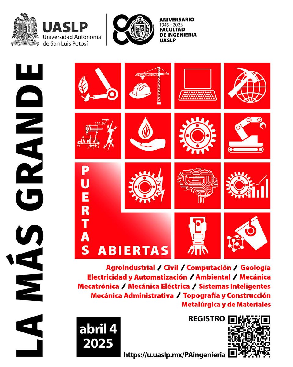 UASLP (@lauaslp) on Twitter photo 👷👷♀️ #PuertasAbiertas en <a href="/IngenieriaUASLP/">Facultad de Ingeniería UASLP</a>
🟥 Este 4 de abril, conoce la oferta educativa más grande de la #UASLP, inscríbete en los talleres y vive la experiencia de ser ingeniera o ingeniero.
👉 Consulta el programa completo en: u.uaslp.mx/PAingenieria y regístrate. 👷👷♀️ #PuertasAbiertas en <a href="/IngenieriaUASLP/">Facultad de Ingeniería UASLP</a>
🟥 Este 4 de abril, conoce la oferta educativa más grande de la #UASLP, inscríbete en los talleres y vive la experiencia de ser ingeniera o ingeniero.
👉 Consulta el programa completo en: u.uaslp.mx/PAingenieria y regístrate.