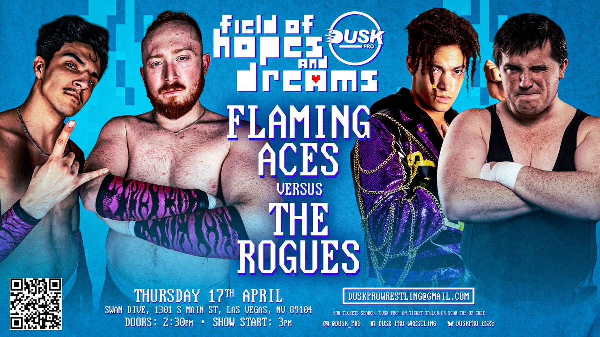 In the Field of Hopes and Dreams, Vegas gets a PNW showcase with the best of British Columbia &amp; Oregon!

Flaming Aces take on The Rogues at DUSK's debut at WrestleMania Week!

🕑 - April 17th, 3 pm, Las Vegas 
🎟 - buytickets.at/DuskPro