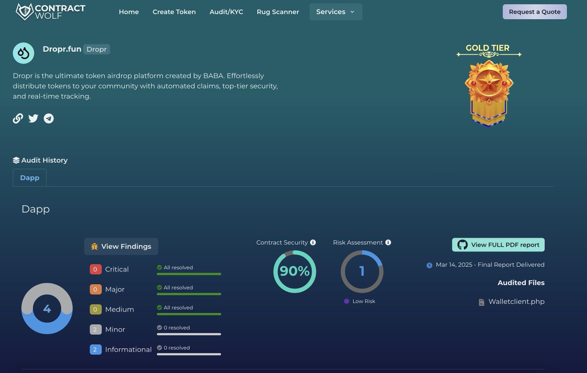 Friendly reminder, Dropr is safe to use. We're using third wallet widgets for you to connect to our platform to stake tokens (without having them leaving your wallet). Our platform has completely been audited. 

- No Exploits.
- No Development Costs.
- Instant Utility for your