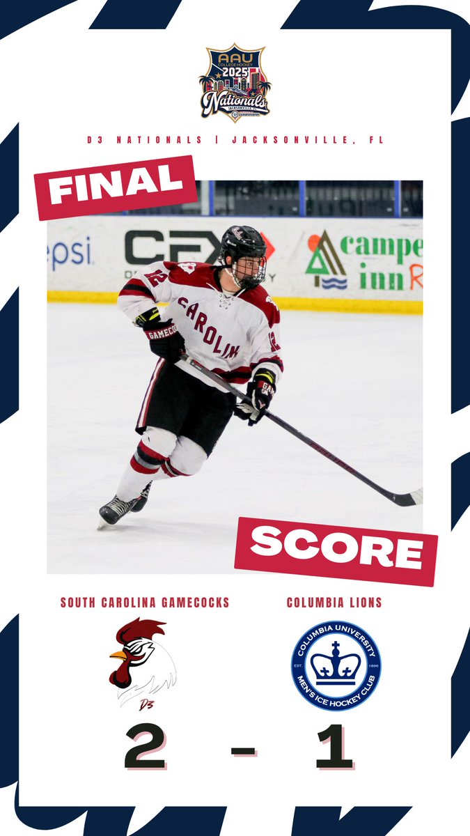 South Carolina has a close finish over Columbia in the semifinals and moves on to tomorrow’s Championship Game! 🚨

#2025AAUNationals | #AAUCollegeHockey