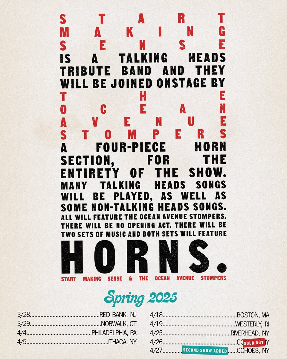 START MAKING SENSE (@startmakinsense) on Twitter photo Horn Tour starts this week!
3/29- <a href="/basiecenter/">Count Basie Center for the Arts | #theBASIE</a>
3/28- <a href="/DistrictNorwalk/">District Music Hall</a>
4/4- <a href="/citywineryphil/">City Winery Philadelphia</a>
4/5- <a href="/stateofithaca/">State Theatre Ithaca</a>
4/18- <a href="/The_Wilbur/">The Wilbur</a>
4/19- <a href="/UnitedTheatreRI/">The United Theatre</a>
4/25- The Suffolk
4/25 & 26- <a href="/cohoestheatre/">The Cohoes Music Hall</a>
Tickets at startmakingsenseband.com Horn Tour starts this week!
3/29- <a href="/basiecenter/">Count Basie Center for the Arts | #theBASIE</a>
3/28- <a href="/DistrictNorwalk/">District Music Hall</a>
4/4- <a href="/citywineryphil/">City Winery Philadelphia</a>
4/5- <a href="/stateofithaca/">State Theatre Ithaca</a>
4/18- <a href="/The_Wilbur/">The Wilbur</a>
4/19- <a href="/UnitedTheatreRI/">The United Theatre</a>
4/25- The Suffolk
4/25 & 26- <a href="/cohoestheatre/">The Cohoes Music Hall</a>
Tickets at startmakingsenseband.com