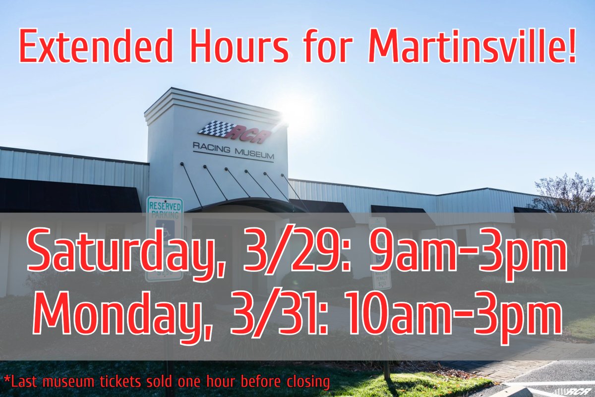 The RCR Museum &amp; Team Store will have extended hours for the Martinsville race weekend! Be sure to stop by Welcome and give us a visit if you're headed to the track!

Saturday, 3/29: 9am-3pm
Monday, 3/31: 10am-3pm

<a href="/RCRracing/">RCR</a>