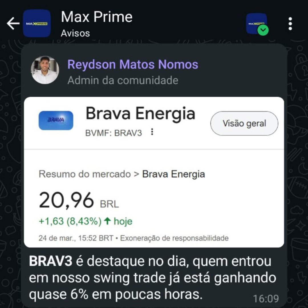 Daniel Braga (@danielbragabra) on Twitter photo 📊 #BRAV3 SOBE 8,33% E SE VOCÊ ENTROU NO SWING TRADE DA MAX PRIME, JÁ GANHA 6%
Quer ter acesso a operações como essa e às estratégias de <a href="/mfbohm/">Max Bohm (@chamaomax)</a> , um dos maiores estrategistas de ações do Brasil?
🔗 Conheça o Max Prime: nomos.to/VUffNDw7Q 📊 #BRAV3 SOBE 8,33% E SE VOCÊ ENTROU NO SWING TRADE DA MAX PRIME, JÁ GANHA 6%
Quer ter acesso a operações como essa e às estratégias de <a href="/mfbohm/">Max Bohm (@chamaomax)</a> , um dos maiores estrategistas de ações do Brasil?
🔗 Conheça o Max Prime: nomos.to/VUffNDw7Q
