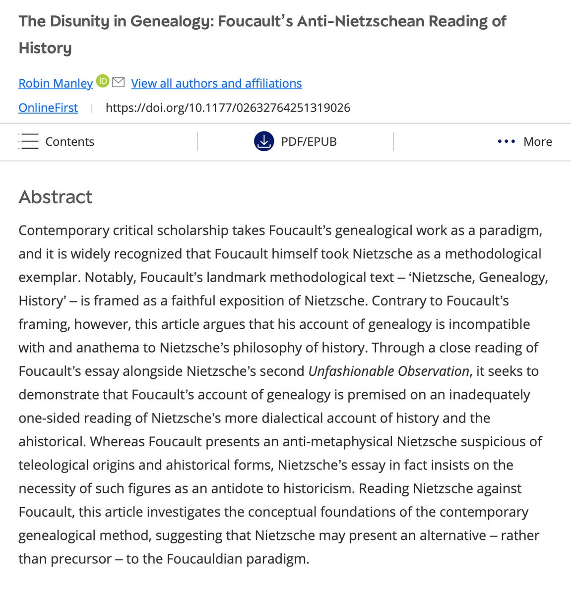_robinmanley's tweet photo. tossing this out once more: my attempt to demonstrate that Foucault seriously misrepresents Nietzsche's philosophy of history in his account of genealogy. perhaps of interest to Foucault people, as well as those in lit/media studies thinking about historicism &amp; its limits! https://t.co/74QpjmVVIp