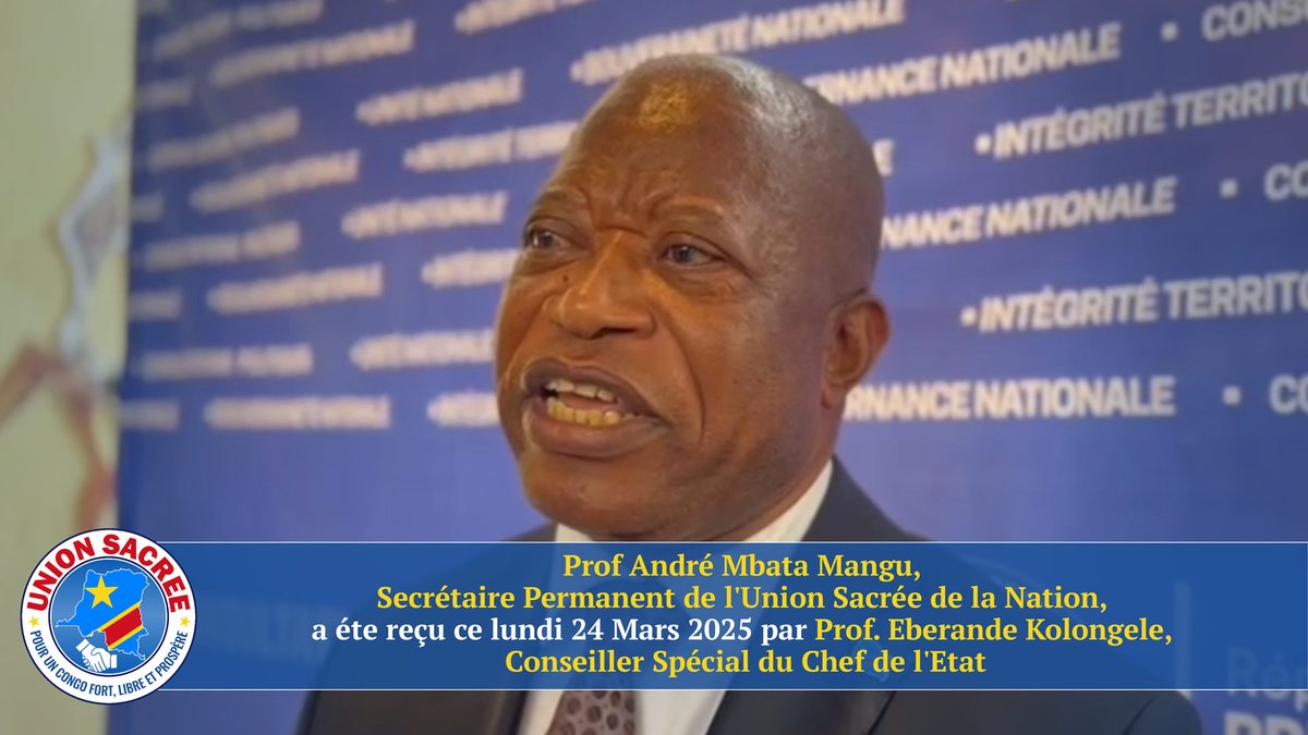 youtu.be/X1-ZY-97jTE

unionsacree.org/prof-andre-mba… 

Le Prof André Mbata Mangu, Secrétaire Permanent et porte-parole de l'Union Sacrée de la Nation (USN), a éte reçu ce lundi 24 Mars 2025 par Prof. Eberande Kolongele, Conseiller Spécial du Chef de l'Etat, dans le cadre des