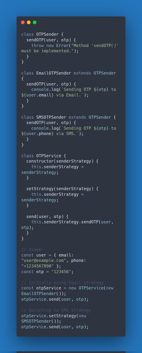 beloved_nd's tweet image. Ever heard of the Strategy Pattern?
Copied an auth codebase, but the OTP service was email-based—I needed SMS. Instead of rewriting logic, I just swapped the Email Strategy for an SMS Strategy.
Welp, that’s Strategy Pattern in action! 🔥
#clean_code