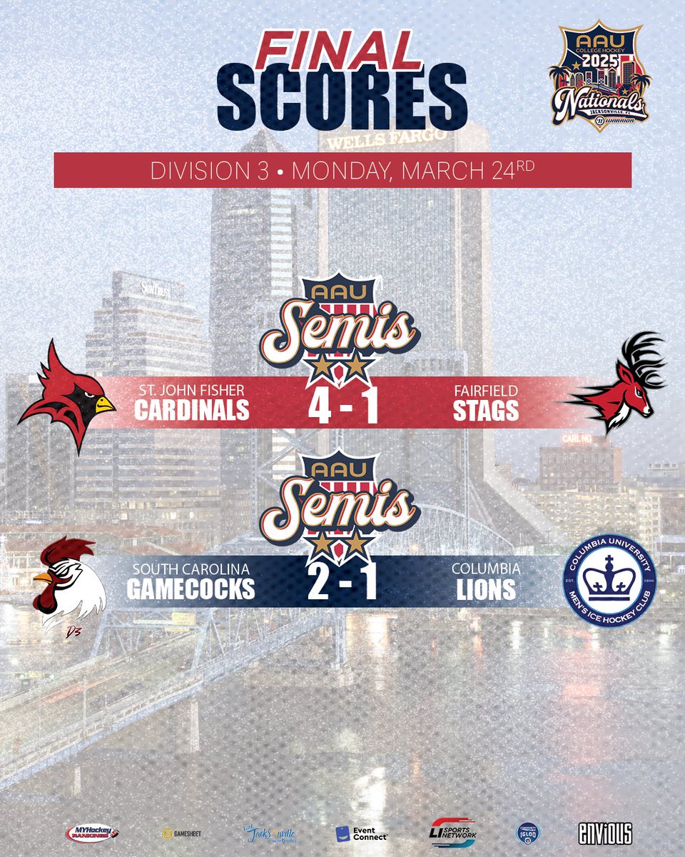 𝗧𝗼𝗱𝗮𝘆’𝘀 𝘀𝗰𝗼𝗿𝗲𝘀 🚨

And with that, we’ve found our final two teams set to compete in the D3 National Championship game! Here’s a recap of today’s semifinal scores.

#2025AAUNationals | #AAUCollegeHockey