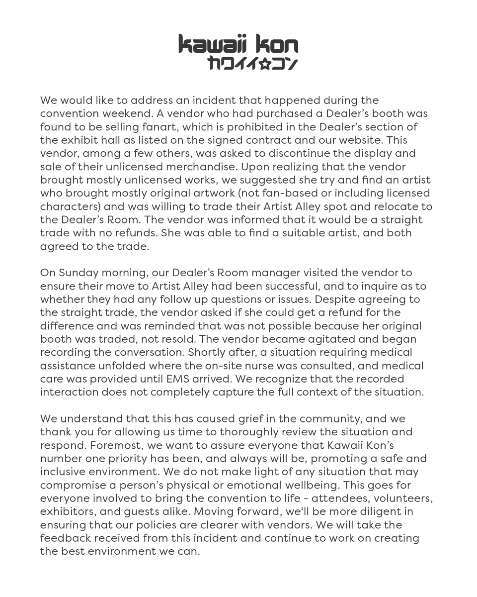 We would like to address an incident that happened during the convention weekend.