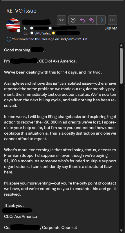 AxsAmerica's tweet photo. After 14 days and sending this email this morning, we received a refund for this month. No comments, support interactions, or other details were provided.

We are still missing ~$6,800 in ad credits. So, it's not over.

@premium @AdsSupport @X https://t.co/CqP21AWb0v