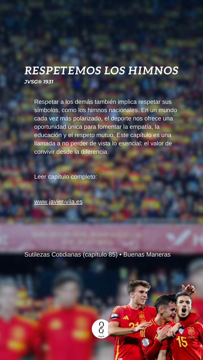 _jvsg_'s tweet photo. RESPETEMOS LOS HIMNOS

Respetar a los demás también implica respetar sus símbolos, como los himnos nacionales. En un mundo cada vez más polarizado, el deporte nos ofrece una oportunidad única para fomentar la empatía, la educación y el respeto mutuo. Este capítulo es una llamada a no perder de vista lo esencial: el valor de convivir desde la diferencia.

https://t.co/SObZeyNkcw

#sutilezascotidianas #buenasmaneras #todocomunica #protocolodeportivo