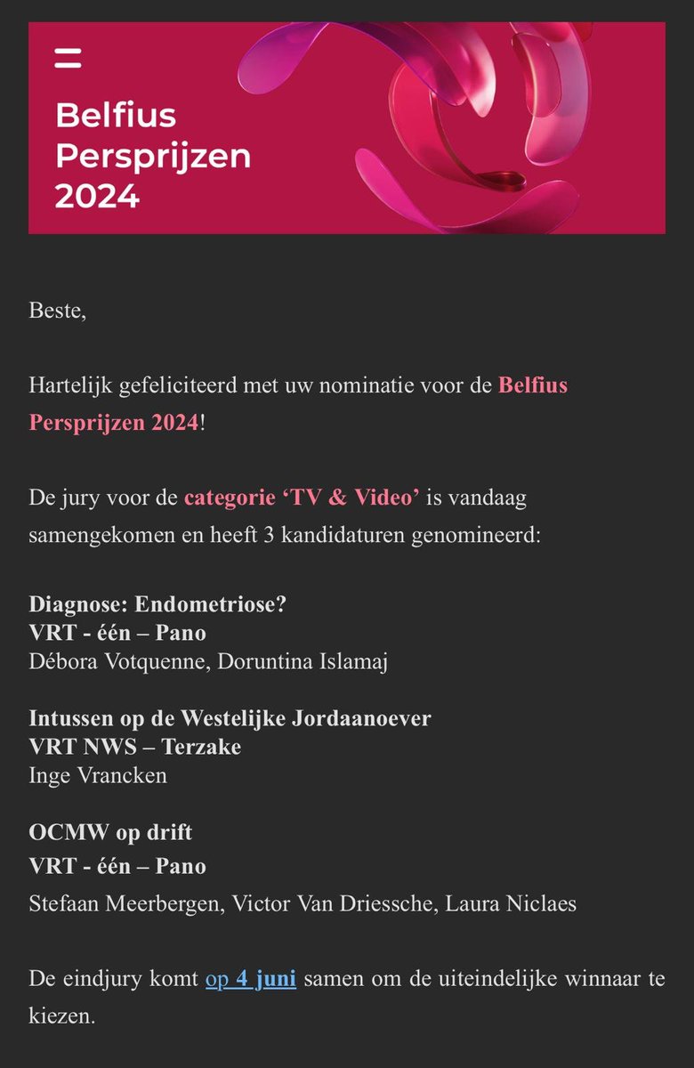 2 keer genomineerd <a href="/Belfius/">Belfius</a> -persprijs, met #pano Diagnose Endometriose <a href="/dvotq/">débora votquenne</a> <a href="/doruntina_i/">Doruntina Islamaj</a>  én OCMW Op Drift, over het OCMW van Anderlecht <a href="/meerberg_s/">Stefaan Meerbergen</a> Victor Van Driessche en Laura Niclaes. Grote trots! Proficiat ook <a href="/vrancki/">Inge Vrancken 👣</a> <a href="/terzaketv/">Terzake</a> Met zekerheid <a href="/vrtnws/">VRT NWS</a> wint op 4 juni 😉
