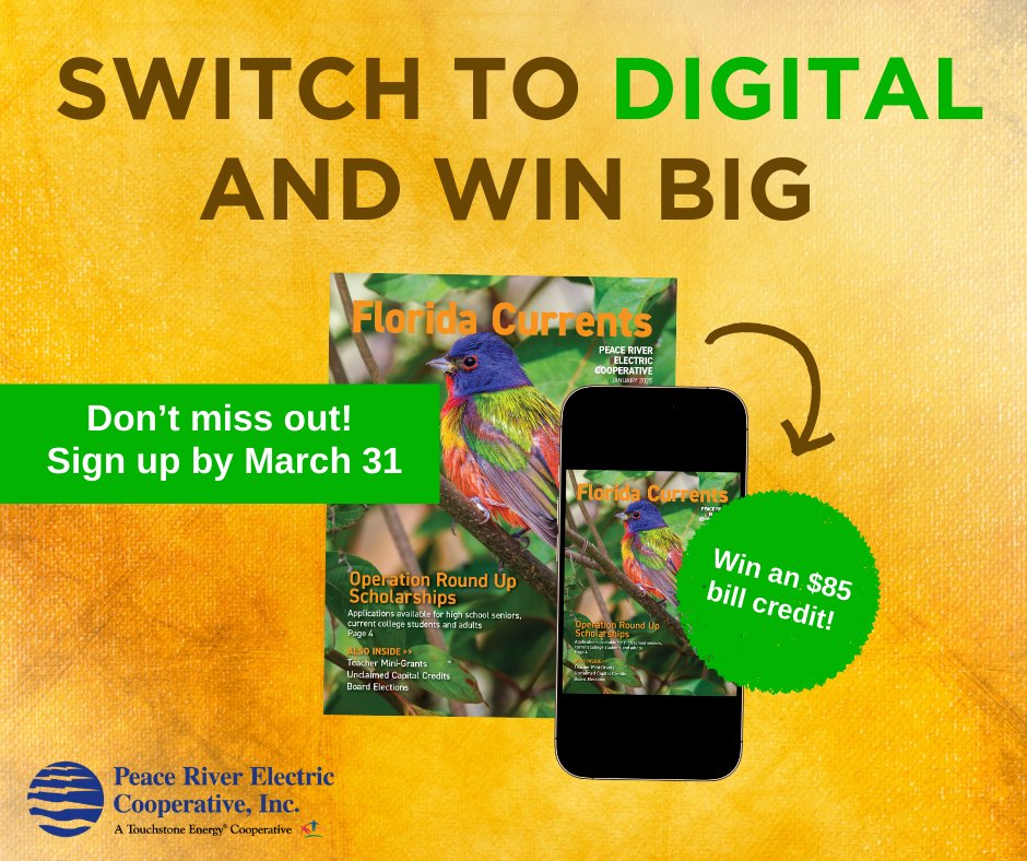 PeaceRiverEC's tweet photo. Celebrate 85 years with us as we give away an $85 bill credit to ten lucky members who sign up for the digital Florida Currents. Ready to switch to digital and win big? Sign up by March 31 at https://t.co/7ZB17Jj6Io. https://t.co/cUPf7QZOKv