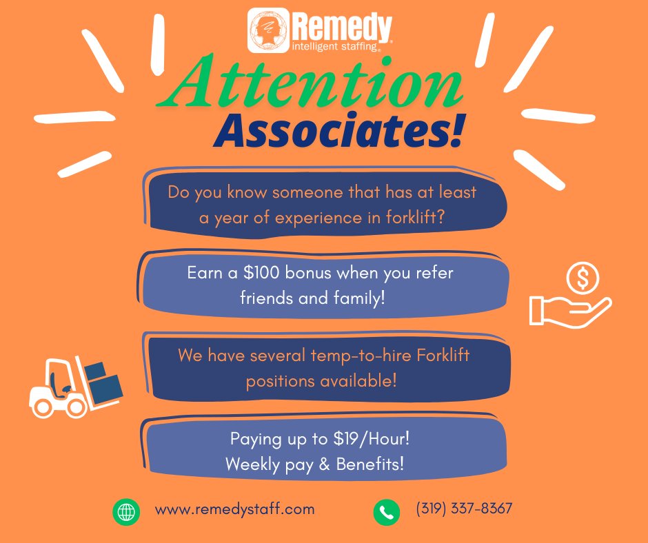 RemedyIowaCity's tweet photo. Got friends or family with forklift experience?👀 Refer them to our new positions and earn a $100 bonus! 💸💰Visit our website for details. 📲 Don't forget your referral code!
#RemedyStaffing #Forkliftjobs #IowaCityJobs #jobs #nowhiring #referralbonus #applyonline https://t.co/ksxR1vFLD2