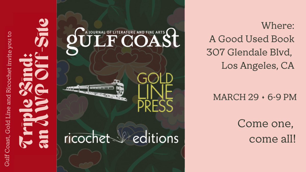 Come join <a href="/Gulf_Coast/">Gulf Coast Journal</a>  &amp; <a href="/RicochetEds/">Ricochet Editions</a> &amp; <a href="/airlight_mag/">air/light magazine</a> &amp; Gold Line Press at A Good Used Book this Saturday evening for our AWP Off-Site reading!