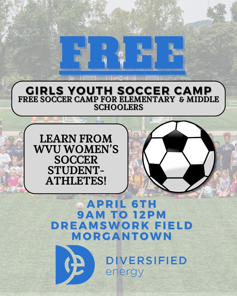 Diversified Energy (@div_energy) on Twitter photo Be sure to register for our annual Girls Youth Soccer Camp with <a href="/CountryRdsTrust/">Country Roads Trust</a>!
📅When: April 6, 9 am -12 pm
📍Where: Dreamswork Field - Morgantown
Register now👇
forms.gle/Ew6AitVSVhdHCM… Be sure to register for our annual Girls Youth Soccer Camp with <a href="/CountryRdsTrust/">Country Roads Trust</a>!
📅When: April 6, 9 am -12 pm
📍Where: Dreamswork Field - Morgantown
Register now👇
forms.gle/Ew6AitVSVhdHCM…