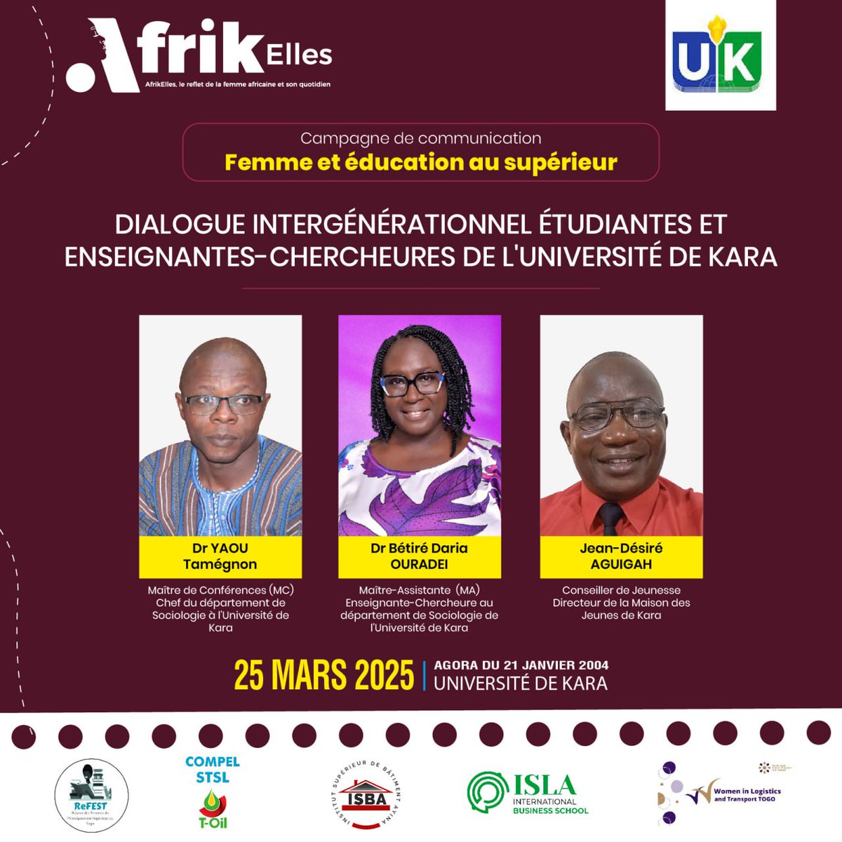 🔴 𝐀𝐟𝐫𝐢𝐤𝐄𝐥𝐥𝐞𝐬 𝐞𝐬𝐭 𝐚̀ 𝐥'𝐔𝐊

Tout est fin prêt pour la rencontre entre étudiants et enseignants de l'Université de Kara. 

AfrikElles et l'UK vous donnent rendez-vous à 8h00 à l'Agora du 21 janvier 2004 sur le campus. 
#FemmesDansLEducation
 #EllesDansLeSupérieur