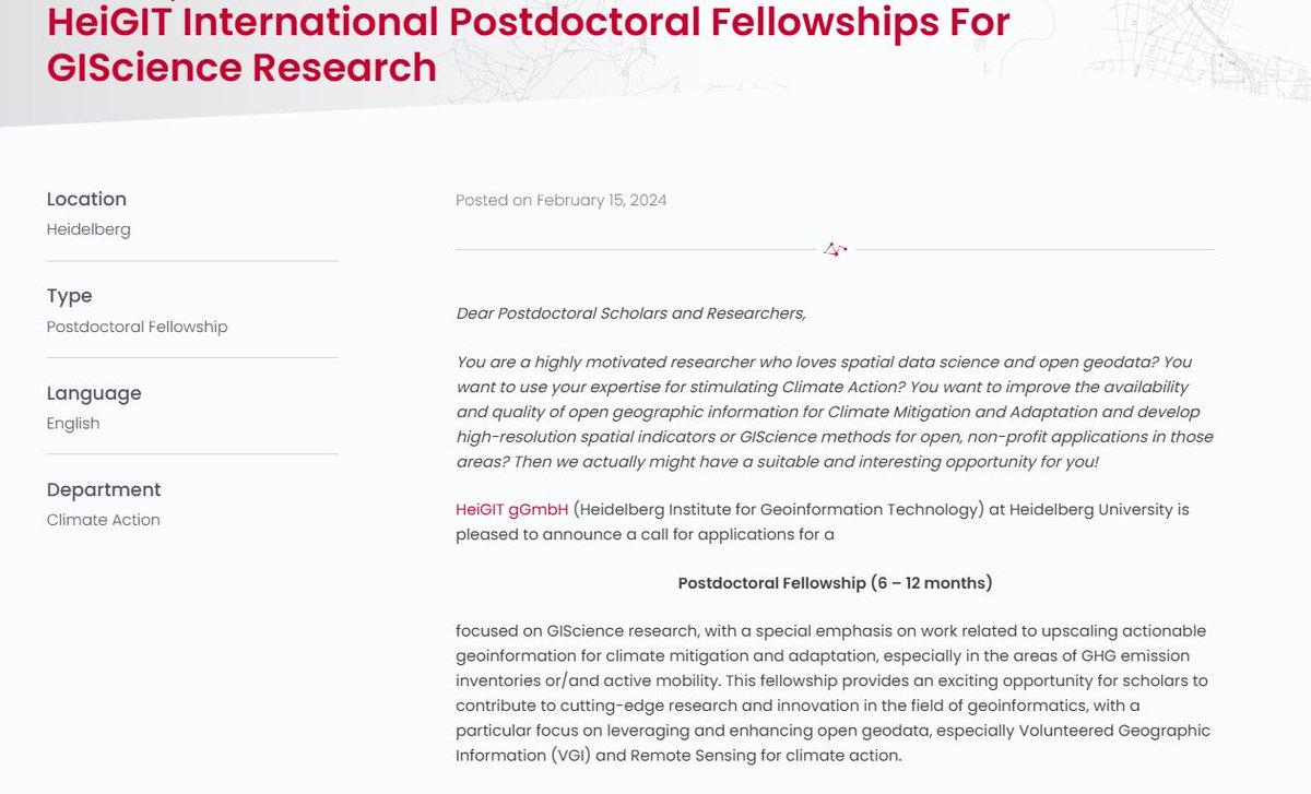 Africans in Environmental Science (@africansinenvsc) on Twitter photo ๐จ Postdoc opportunity in #Geoinformatics!
HeiGIT is offering a 6โ12 month fellowship in #ClimateAction, #OpenGeodata & #GIScience (OSM, GHG emissions, active mobility).
Link: tinyurl.com/87hw4t5s
#Postdoc #RemoteSensing #VGI #OpenStreetMap #SpatialDataScience ๐จ Postdoc opportunity in #Geoinformatics!
HeiGIT is offering a 6โ12 month fellowship in #ClimateAction, #OpenGeodata & #GIScience (OSM, GHG emissions, active mobility).
Link: tinyurl.com/87hw4t5s
#Postdoc #RemoteSensing #VGI #OpenStreetMap #SpatialDataScience