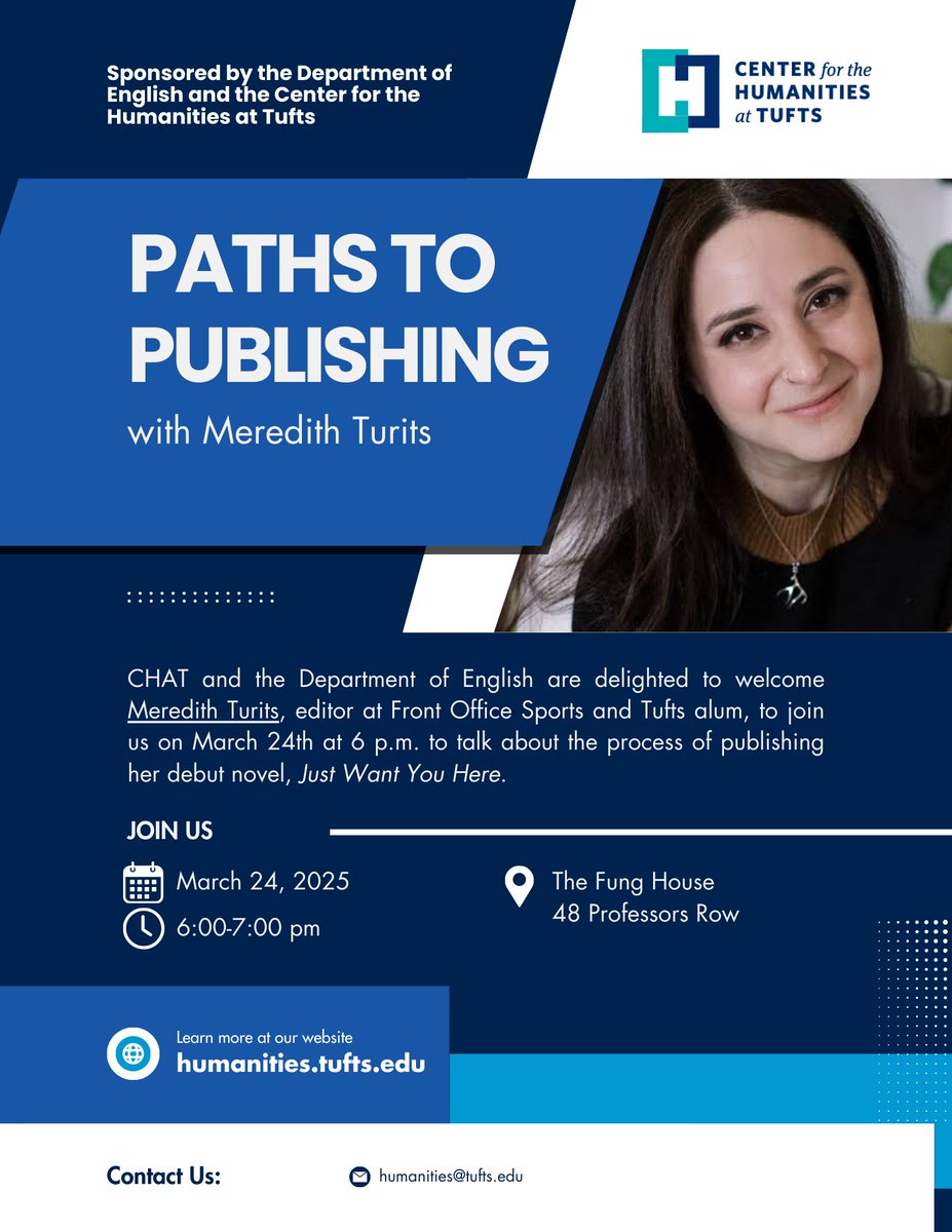 Join us tonight at 6 pm to welcome Meredith Turits (Tufts Alum), to discuss strategies for getting published and also to discuss her new book, Just Want You Here. We hope you can attend!