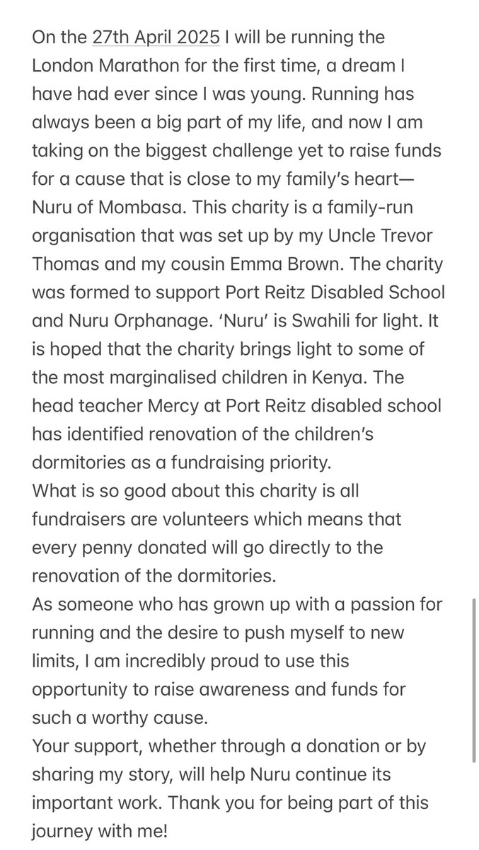 Please Share!!!
On the 27th April 2025 I will be running the London Marathon for the first time, a dream I have had ever since I was young. I am raising money for a charity- info in picture.  Any donate or share would be greatly appreciated! 
2025tcslondonmarathon.enthuse.com/pf/ella-townse…