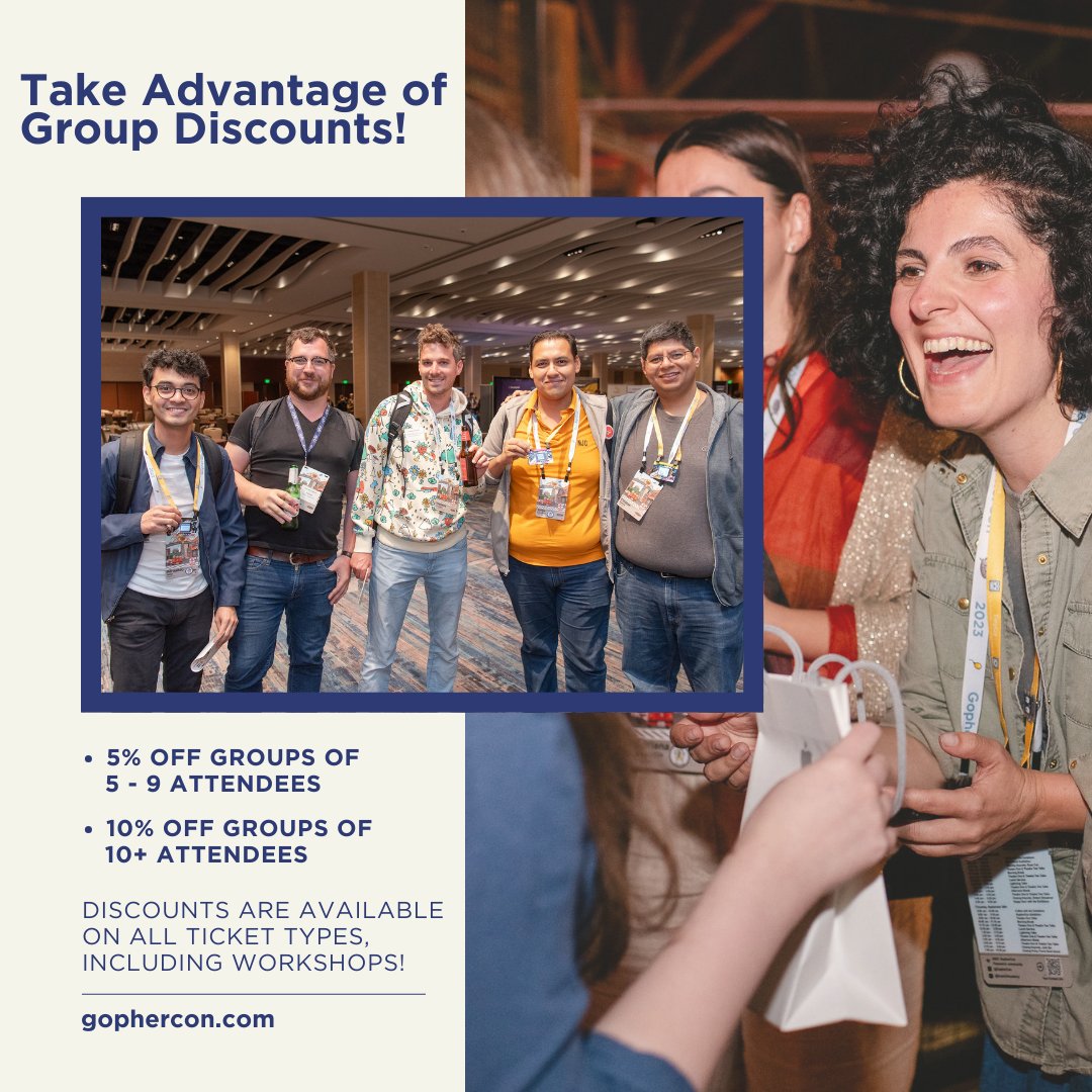 GopherCon's tweet image. Bring the whole burrow to #GopherCon &amp;amp; save! 🎟️

Groups of 5-9 attendees get 5% off, and groups of 10+ receive 10% off General Admission and Pre-Conference Workshop tickets!

📩 Email us to claim your group discount! 👉 info@gopheracademy.com

#RoadToGopherCon…